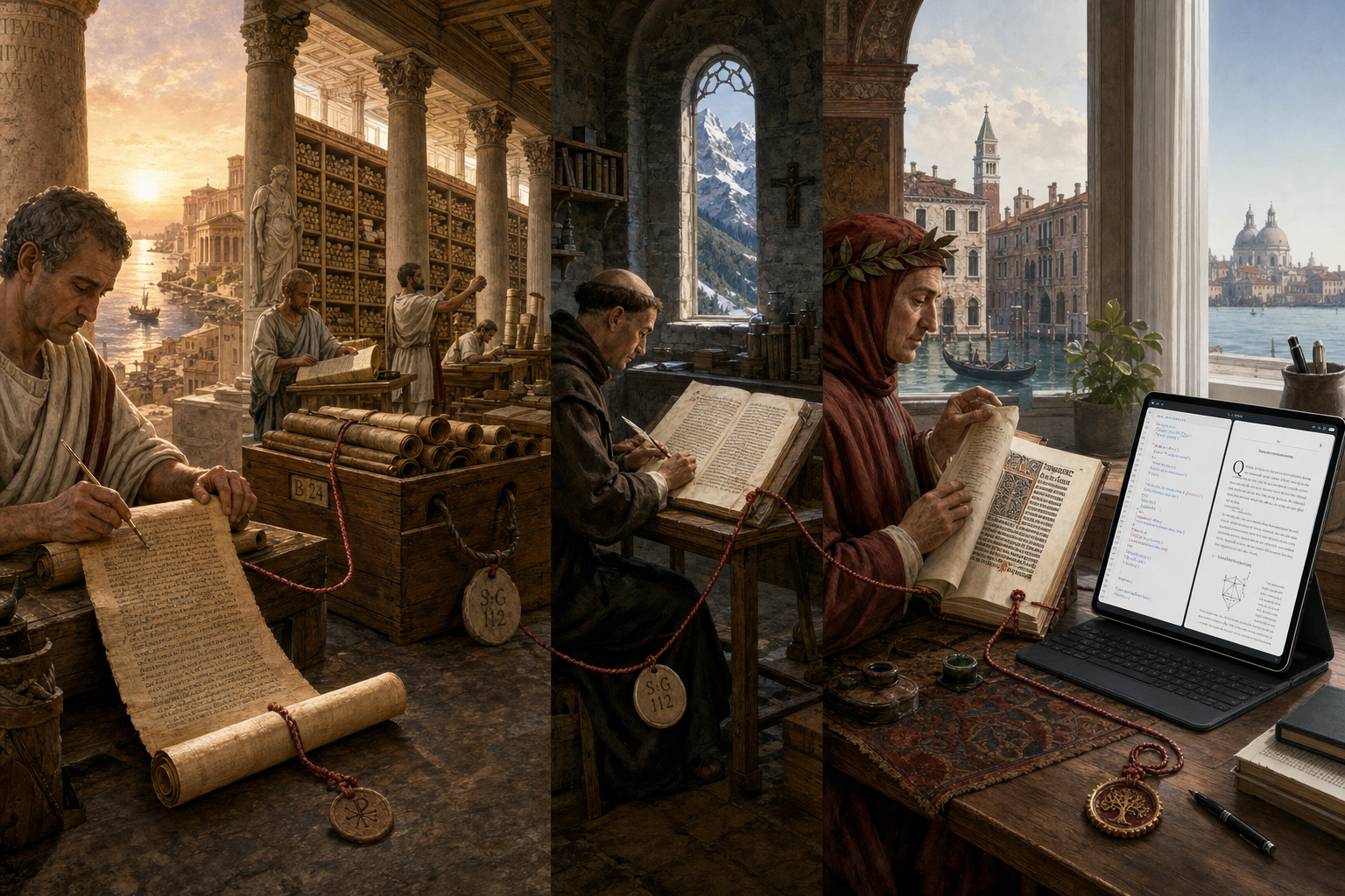The lineage of a document from a Cicero-era papyrus and Alexandria through an Alpine scriptorium, Petrarch studying a manuscript in Venice, a later Venetian incunable, and a LaTeX document on a tablet.